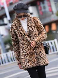 Women's Fur Fashion Leopard Coat Women Autumn Winter Outfits Faux Jacket Mid-length Overcoat Elegant Sexy Lady Streetwear