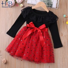 Girl's Dresses Interesting Bear Girl Long Sleeve Dress Autumn Lace Neckline Mesh Splice Work Princess Dress Preschool Children's Clothing 230407