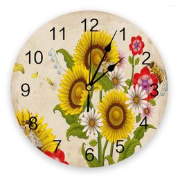 Wall Clocks Bee Sunflower Vintage Round Clock Creative Home Decor Living Room Quartz Needle Hanging Watch