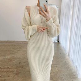 Casual Dresses Chic Elegant Knitted Woman Dress Autumn Winter Apricot High Waist Woolen Vestidos Female Warm Clothing Korean 2023