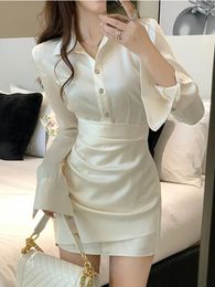 Casual Dresses Winter Elegant Satin Dress Women France Button Designer Party Mini Female Korean High Waist Solid Slim 2023