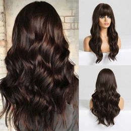 Synthetic Wigs Easihair Long Dark Brown Women's Wigs with Bangs Water Wave Heat Resistant Synthetic for Women African American Hair Wig 230227