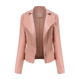 Women's Leather 2023 Spring And Autumn Nail Bead Clothes Long Sleeve Fashion Jacket Lapel Motorcycle Thin