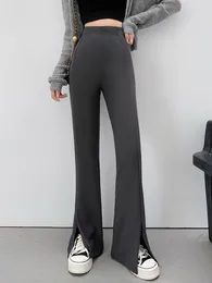 Women's Pants Women Autumn High Waist Solid Hem Split Casual Black Gray Coffee Elastic Flare Slim Fit Female Trousers