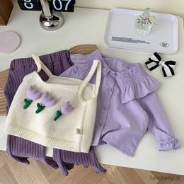 Clothing Sets Girls' Set Autumn New Children's Polo Collar Applique Shirt+Tank Top+Pants Piece Set Children's Clothing