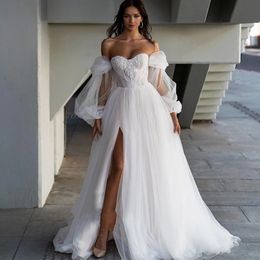 Sexy Beach Sweetheart Wedding Dress Embroidery Lace High Side Split Detachable Sleeves Boho A-Line Bride Gown Backless Tulle Button Train