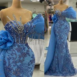 Shoulder Evening One Gown Sexy Crystal Tassels Mermaid Dresses Sequined Lace Sleeveless Prom Dress Formal Custom Made