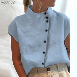 Women's T-Shirt Solid Cotton Linen Hollow Out Tops Women Summer Turtleneck Breathable Office Shirt Pullover Casual Loose Short Sleeve Blouses ZLN231108