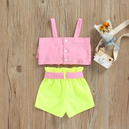 Clothing Sets Girls Two Pieces Clothes Outfit Wide Strap Sleeveless Ruffle Solid Colour Tops Tie-Up Bowknot Short Pants