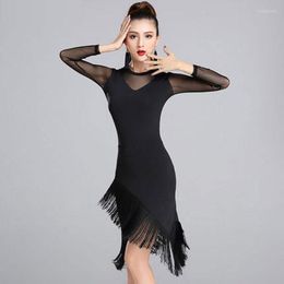 Stage Wear Dance Solution Women's Black Latin Dress With Long Sleeve Sheer Mesh Tassel Performance Costume A0138