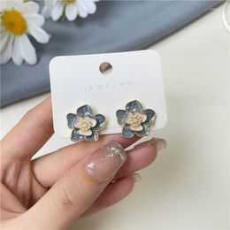 Stud Earrings French Oil Painting Retro Glazed Pearl Flower Girl Gentle Metal Enamrel Blue Small Ears Jewellery