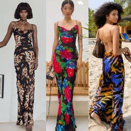 Casual Dresses 2023 Backless Maxi Dress Colourful Print V-Neck Bodycon Long Summer Women Holiday Beach Party Elegant Outfits Sundress