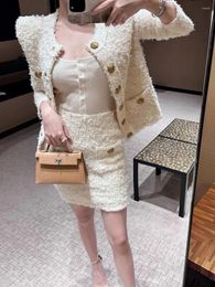 Skirts Arrival 2023 Autumn Clothes Fashion Women Beige Cardigan Skirt Set Elegant Office Ladies Outfits With Gold Buttons