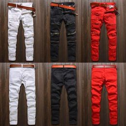 E-BAIHUI Trendy Mens Fashion College Boys Skinny Runway Straight Zipper Denim Pants Destroyed Ripped Jeans Black White Red Jeans H3559