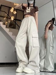 Women's Pants Vintage American Style Drawstring Cargo For Women - 2023 Summer Arrival With Oversized Pockets And Straight Leg Design