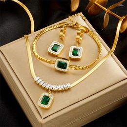 Necklace Earrings Set Stainless Steel Square Emerald Zircon Thick Chain Bracelet Earring Joyeria Acero Inoxidable Por Lotes