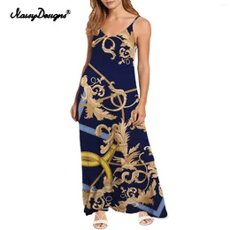 Casual Dresses Noisydesigns Euporean Style Elegant Summer Dress Golden Flower Women Spaghetti Strap Shoulder Long Sleeveless Vestido Blue