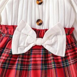 Girl Dresses Infant Fall A-Line Dress With Bow Headband Long Sleeve Round Neck Plaid Print Patchwork