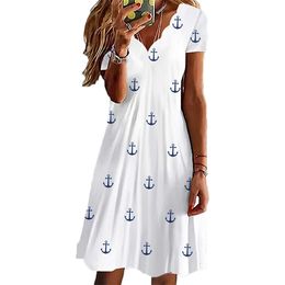 Casual Dresses Casual Women Dress Summer Spring V Neck Short Sleeve Empire Waist Female Dresses Anchor Pattern Loose Cotton Blend Vestido 230406