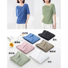 Women's Blouses Mulberry Silk Non Ironing Rib Short Sleeve Swinging Neck Knitted Solid Colour NV God T-shirt Fashion French