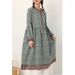 Casual Dresses Autumn In Women's Printed Flower Dress Long Sleeve Lace Ruffles Collar Loose Cotton Linen Japan Style Pastoral Girl