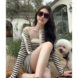 Work Dresses 2023 Early Autumn Fashion Temperament Striped Halter Dress Knitted Cardigan Jacket Short Tops Two-piece Set
