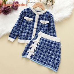 Clothing Sets Bear Leader Girls Long Sleeve Kids Sweaters Plaid Wear Knitted Cardigan and Skirt Suit for Children Baby Girl 230407