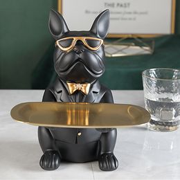 Decorative Objects Figurines Resin Bulldog Art Sculpture Cool Dog Decorative Drawing Storage Tray Coin Bank Entrance Key Snack Rack Modern Art Nordic 230406