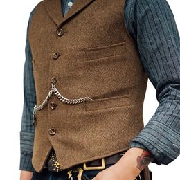 Business Mens Suit Vest Lapel V Neck Wool Herringbone Casual Brown Waistcoat Casual Formal Groomsman Jacket For Wedding 2207252661