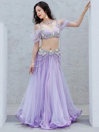 Stage Wear Adult Women Belly Dance Costume Sexy Mesh Flowing Performance Bra Skirt Suit Popsong Opening Dancewear Competition Clothing