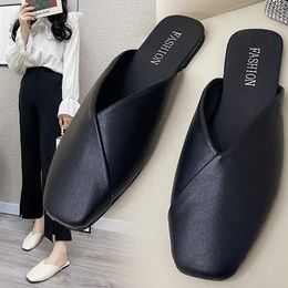 Slipper Mules Summer Elegant Square Closed Toe Flat Female Shoes Casual Leather Black White Slides Plus Size 35 43 230407