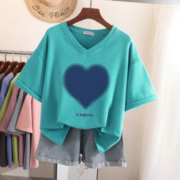 Women's T-Shirt EBAIHUI 100% Cotton L-6XL T-shirt Plus Size T-shirt Short Sleeve Women's Summer Heart Print Couple V-Neck Large T-shirt 230407