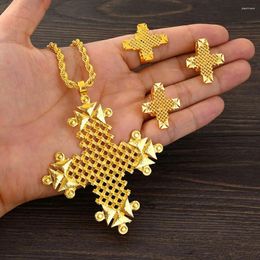 Necklace Earrings Set Ethiopian Big Cross Pendant Necklaces For Women Gold Color African Jewelry Eritrean Wedding