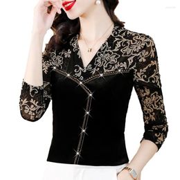 Women's Blouses L-5XL 2023 Winter Fashion Women Blouse Korean Mesh Spliced Gold Velvet Bottom Shirt Slim Fit Diamond Long Sleeve Casual Tops