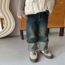 Trousers Children Clothing Girls Jeans Autumn And Winter 2023 Fleece Pants Casual Simple Kids Warm Wide Leg For