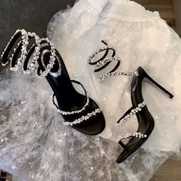 2Pearl Crystals Embellished stiletto Heels sandals 10mm rhinestone black Evening shoes women high heeled Luxury Designers Wraparound Dress shoe factory footwear