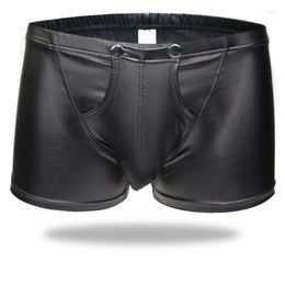 Underpants Sexy Men Boxers Open Crotch Faux Leather Lingerie Stage U Convex Pouch Black Gold Patent Fetish Shorts Underwear