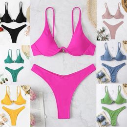 Women's Swimwear Sexy V-bar Underwired Bra Push Up Bikini Women Female Swimsuit Two-pieces Set V Wire Bather Bathing Suit Swimming