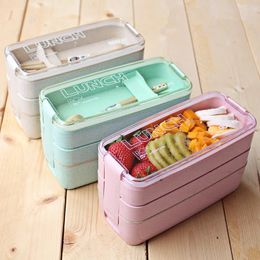 Lunch Box 3 Grid Wheat Straw Bento Transparent Lid Food Container For Work Travel Portable Student Lunch Boxes Containers 100 pcs