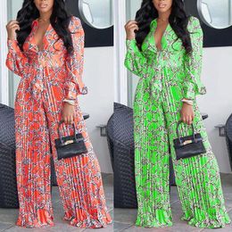 Women's Two Piece Pants Spring Women Sexy Pleated Long Sleeve Print Shirt Set Loose Trousers Printing Suit Summer Outfits For Lady