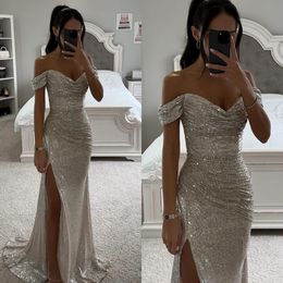 Silver Mermaid Prom Dresses Off Shoulder Glitter Sequins Evening Dress Pleats Split Formal Long Special Occasion Party dress