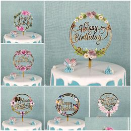 Other Festive Party Supplies Colour Printing Flower Acrylic Cake Card Insertion Happy Birthday Christmas Wedding Plugin Decorati Dhvt1
