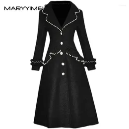Women's Trench Coats MARYYIMEI Fashion Designer Autumn Winter Black Coat Women Long Sleeve Beading Crystal Single Breasted Casual Overcoat