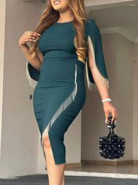 Casual Dresses LW Elegant Tassel Design Split Bodycon Dress 3/4 Slit Sleeves Colour Block Mid Calf Asymmetrical Green Partywears