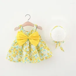 Girl Dresses 2 Pieces Summer Baby Fashion Flower Cute Bow Cotton Beach Princess Dress Hat Girls Boutique Outfits Infant Clothes