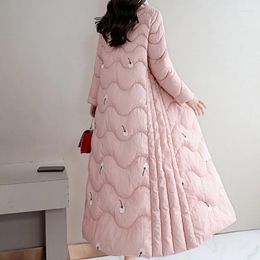 Women's Down Stand Women Collar Chinese Style Long Warm Coat Micro-Elasticity Embroidery Flower Korean Female Cotton Jackets Winter Fashion