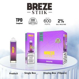 Breze Stiik Puff 600 Mesh Coil Disposable Vape E Cigarette UK EU Market TPD Compliant 500mAh Rechargeable Battery 20mg 2ml Prefilled Carts Crystal Vape