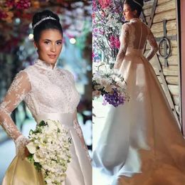 Gorgeous Ivory Satin A Line Wedding Dresses Lace Top Long Sleeves High Neck Vintage Bridal Gowns Beaded Empire Waist Church Bride Dress 2024 Robe De Mariee