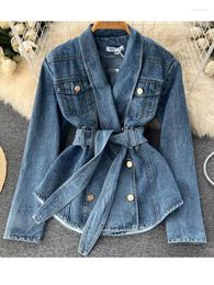 Women's Jackets 2023 Korean Light Luxury Autumn Denim Top Fashionable And Stylish Slim Waist Tie Up Design Casual Coat For Women