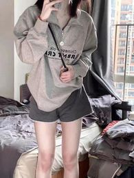 Women's Hoodies Deeptown Kpop Hippie Grey Sweatshirts Women Korean Style Letter Long Sleeve Tops American Retro Harajuku Oversize Loose